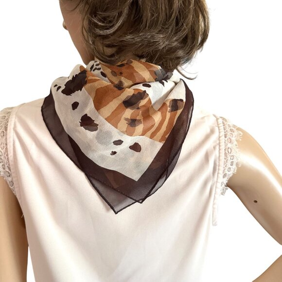 Ellen Tracy Animal Print Sheer Scarf Brown White Safari Chic Bandana 20inx20in - Picture 11 of 11